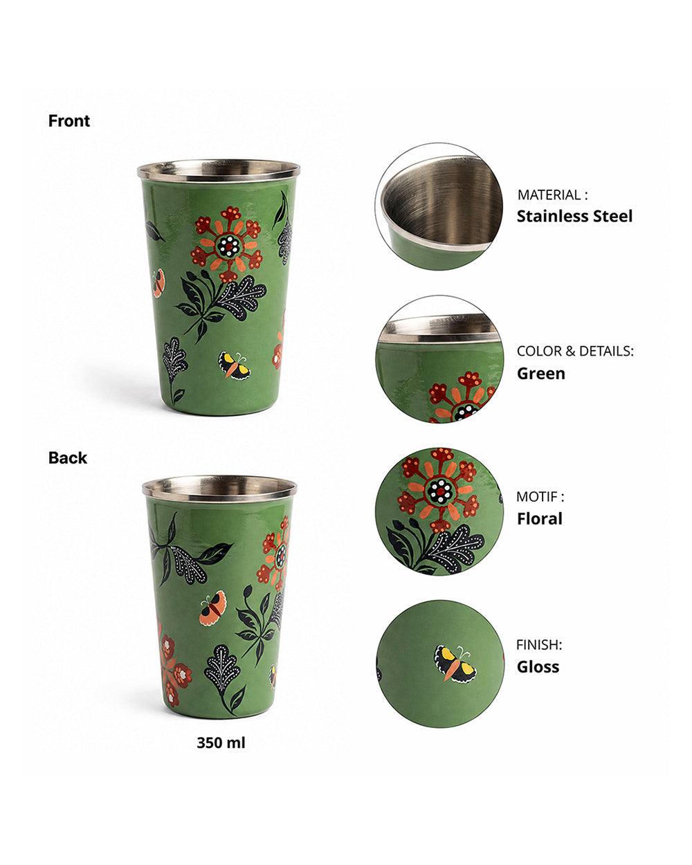Bloom Steel Tumbler - 350 ml, Handpainted | Forest Folklore