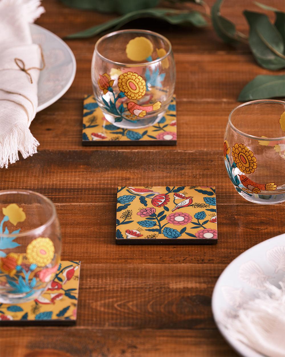 Chumbak Country Wooden Coasters - Set of 6, 4” x 4”