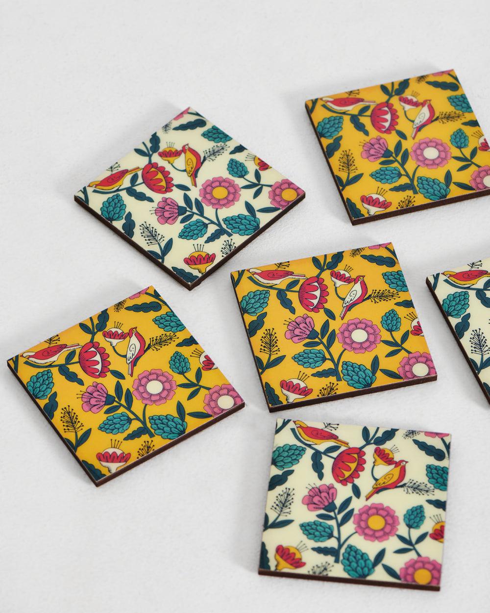 Chumbak Country Wooden Coasters - Set of 6, 4” x 4”
