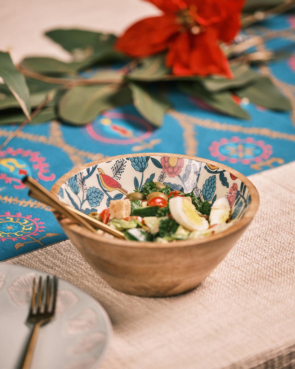 Chumbak Country Wooden Large Bowl - Floral, 8”x 8” x 3.5”