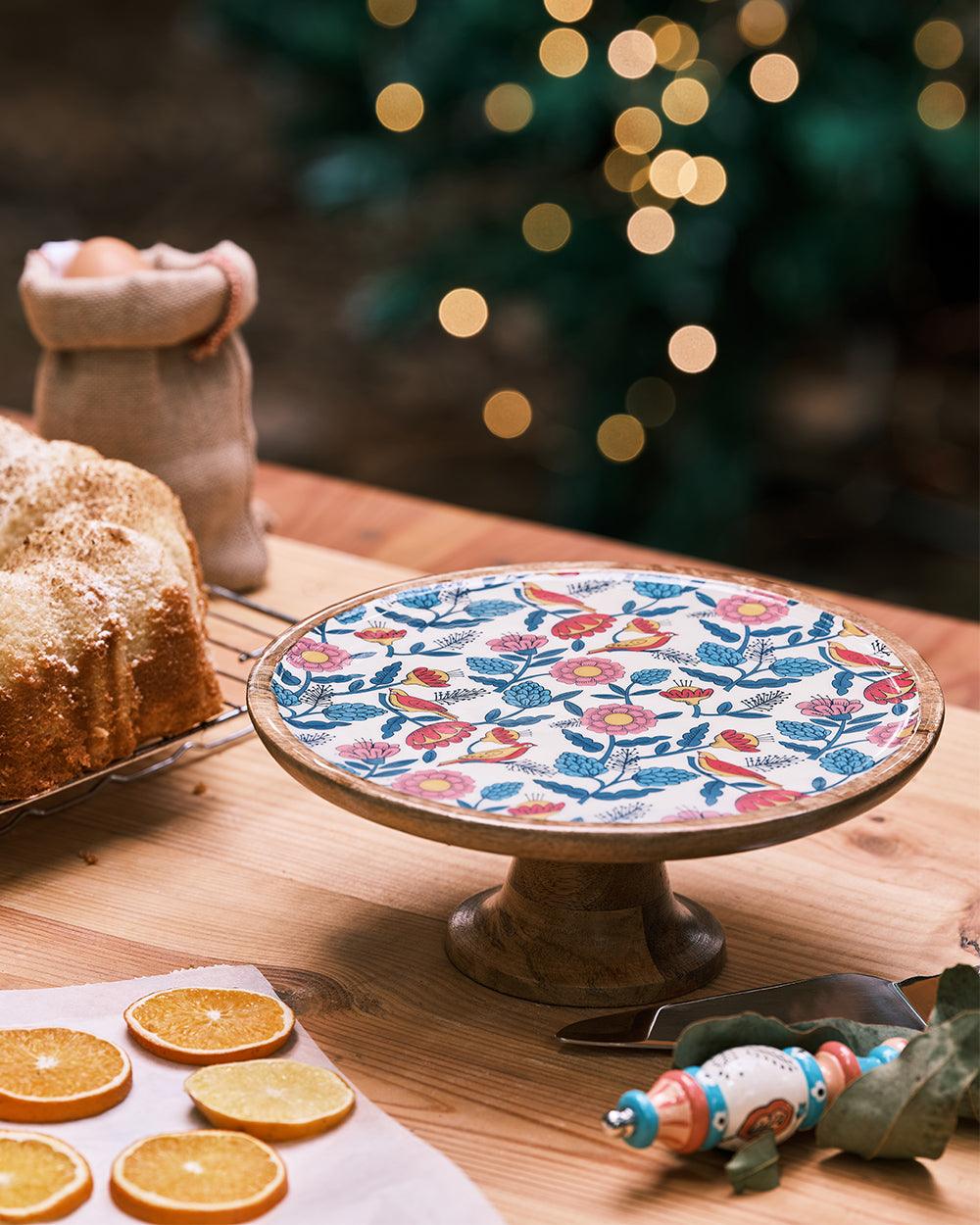 Chumbak Country Wooden Cake stand - Floral, 9.74” x 9.74” x 5”