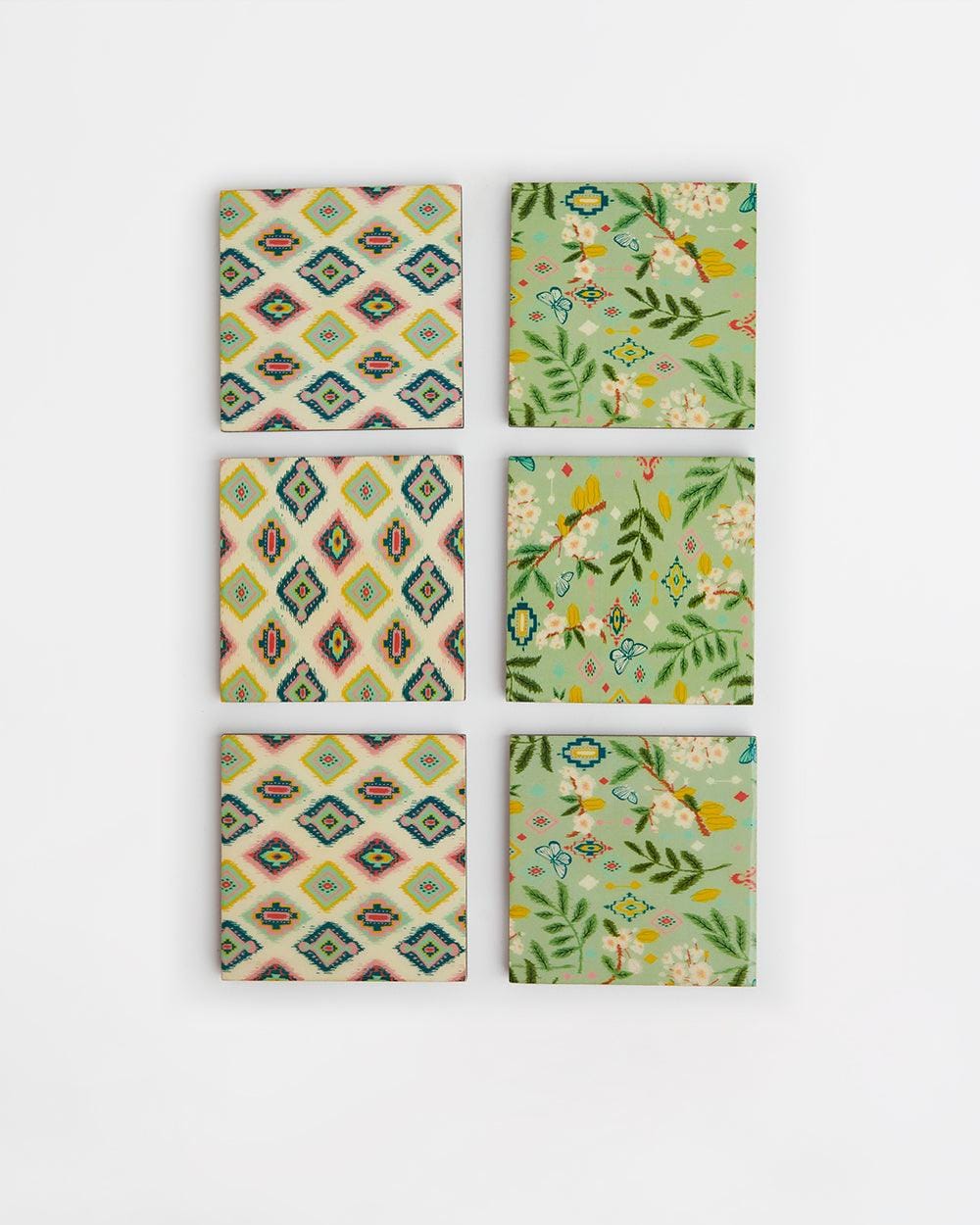 Chumbak Country Wooden Coasters -Farm Garden, Green, Ikkat, Set of 6, 4” x 4”