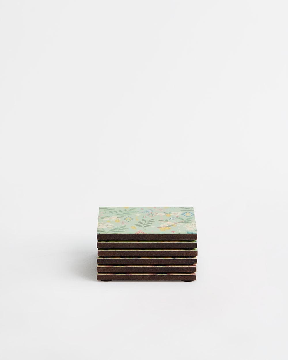 Chumbak Country Wooden Coasters -Farm Garden, Green, Ikkat, Set of 6, 4” x 4”