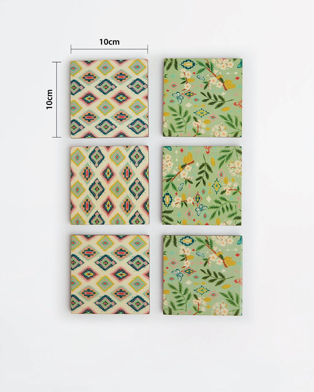 Chumbak Country Wooden Coasters -Farm Garden, Green, Ikkat, Set of 6, 4” x 4”