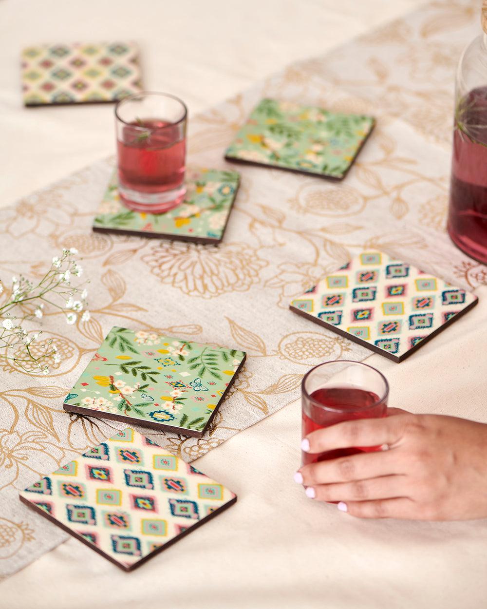 Chumbak Country Wooden Coasters -Farm Garden, Green, Ikkat, Set of 6, 4” x 4”