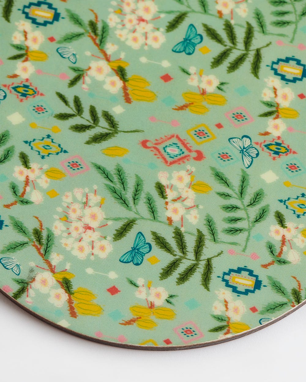 Chumbak Country Wooden Round Trivets -Farm Garden,Green, Ikkat, 8” x 8”, Set of 2