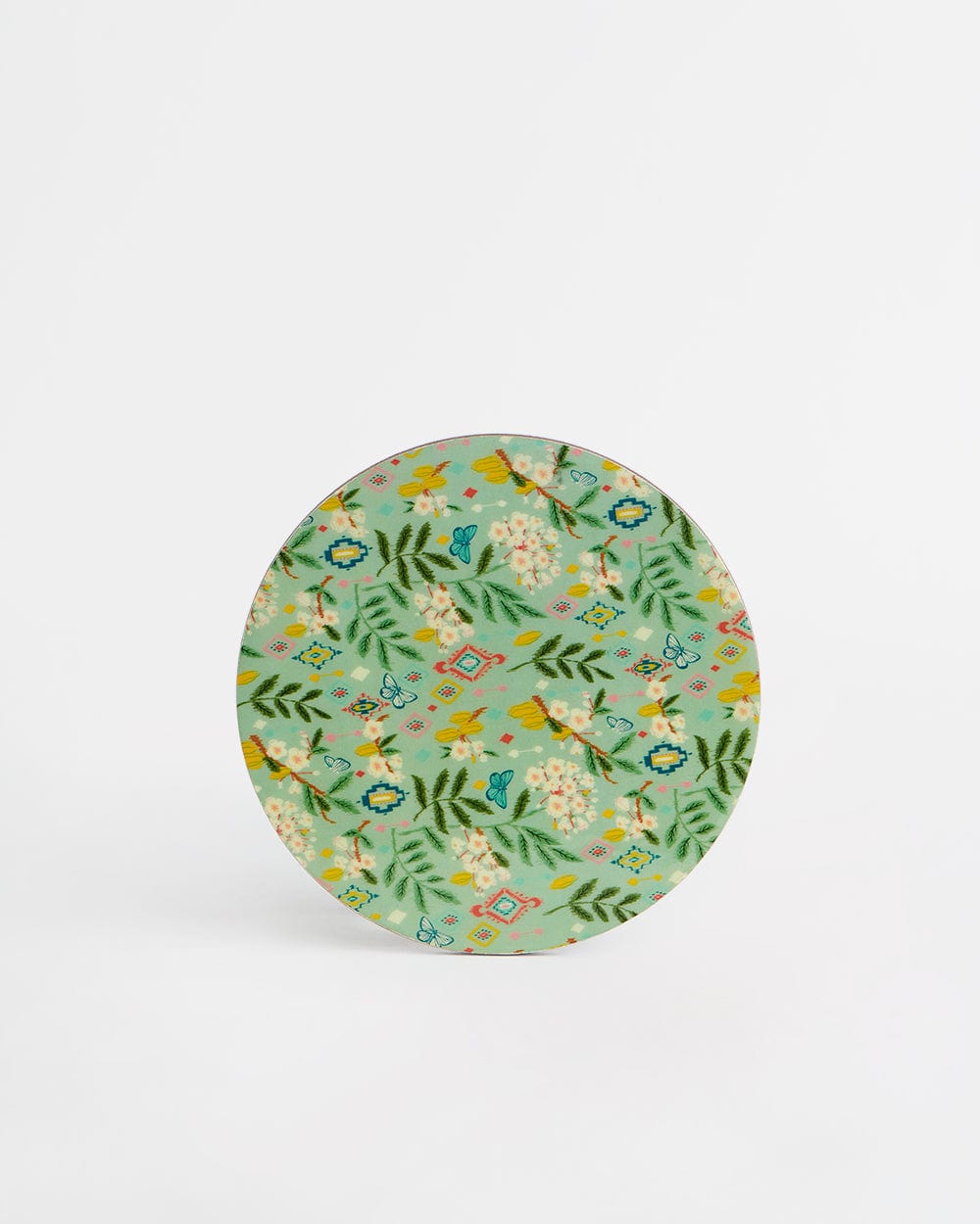 Chumbak Country Wooden Round Trivets -Farm Garden,Green, Ikkat, 8” x 8”, Set of 2