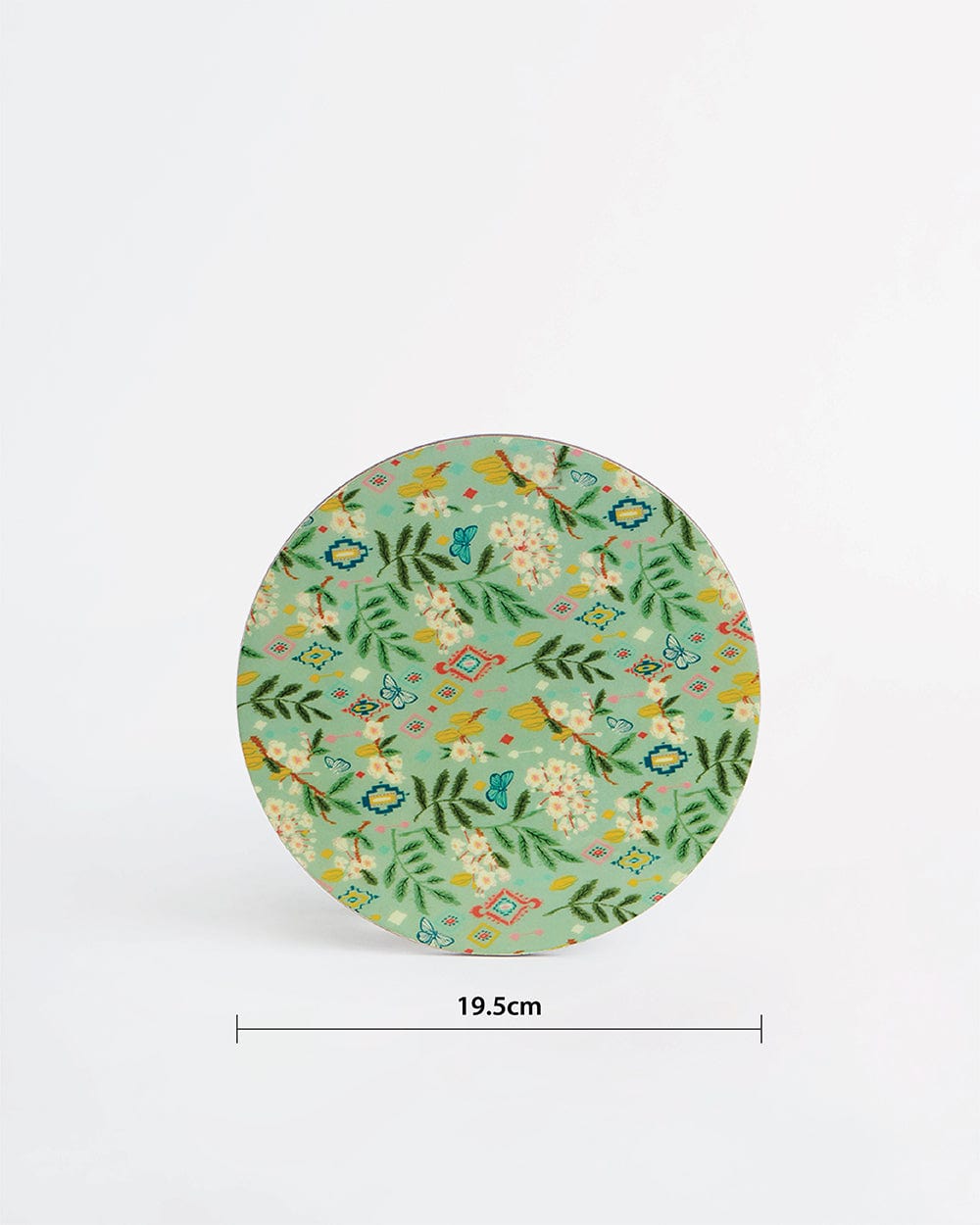 Chumbak Country Wooden Round Trivets -Farm Garden,Green, Ikkat, 8” x 8”, Set of 2