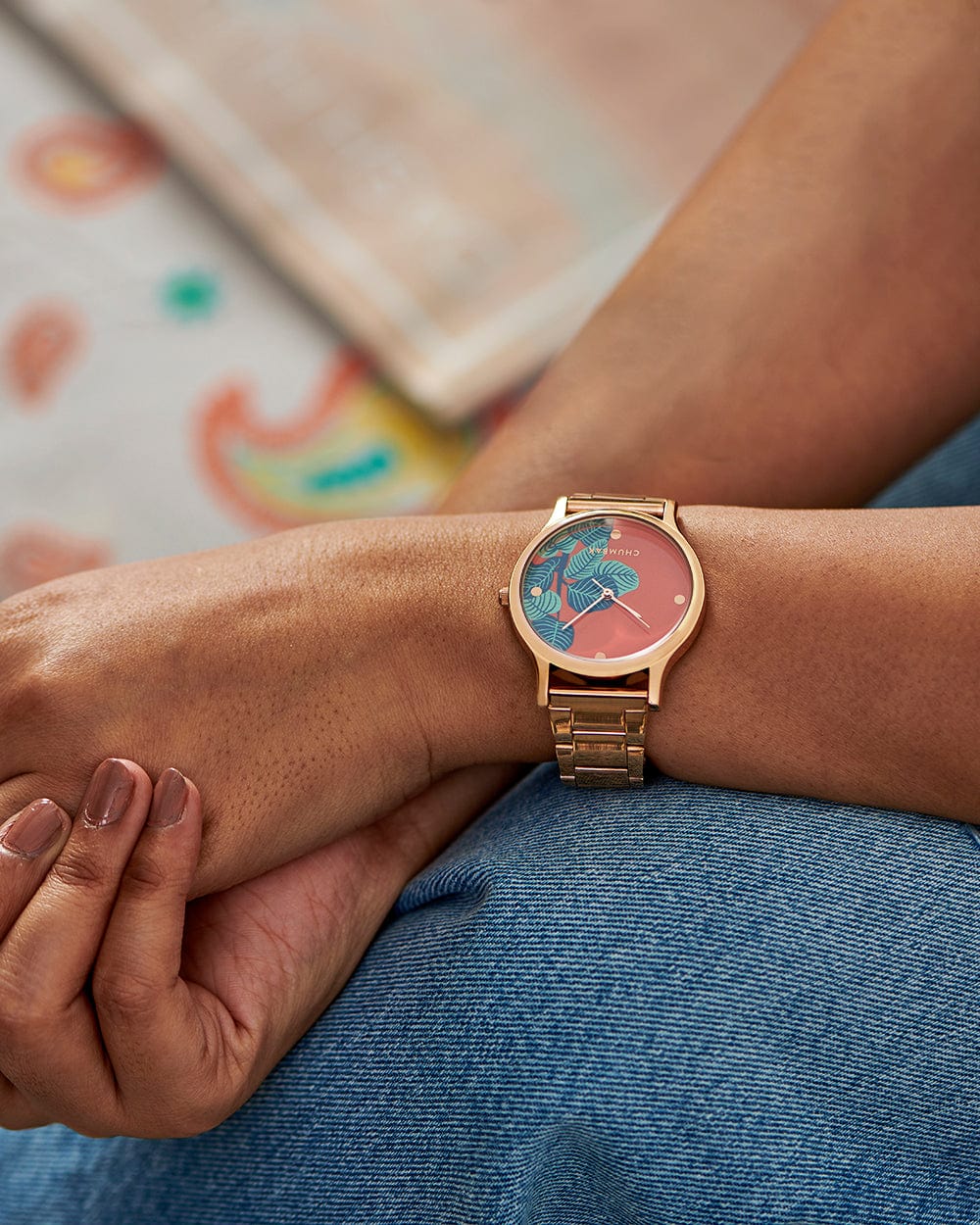 Chumbak TEAL by Chumbak Bohemian Leaves Watch,Metal link Strap