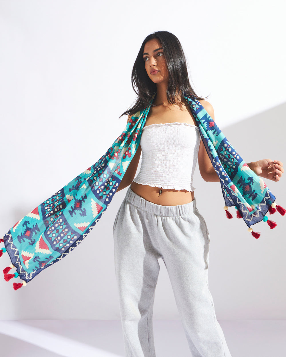 Mercado Aztec Tassels Scarf - Rectangular