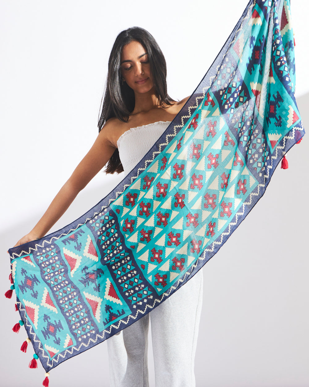 Mercado Aztec Tassels Scarf - Rectangular