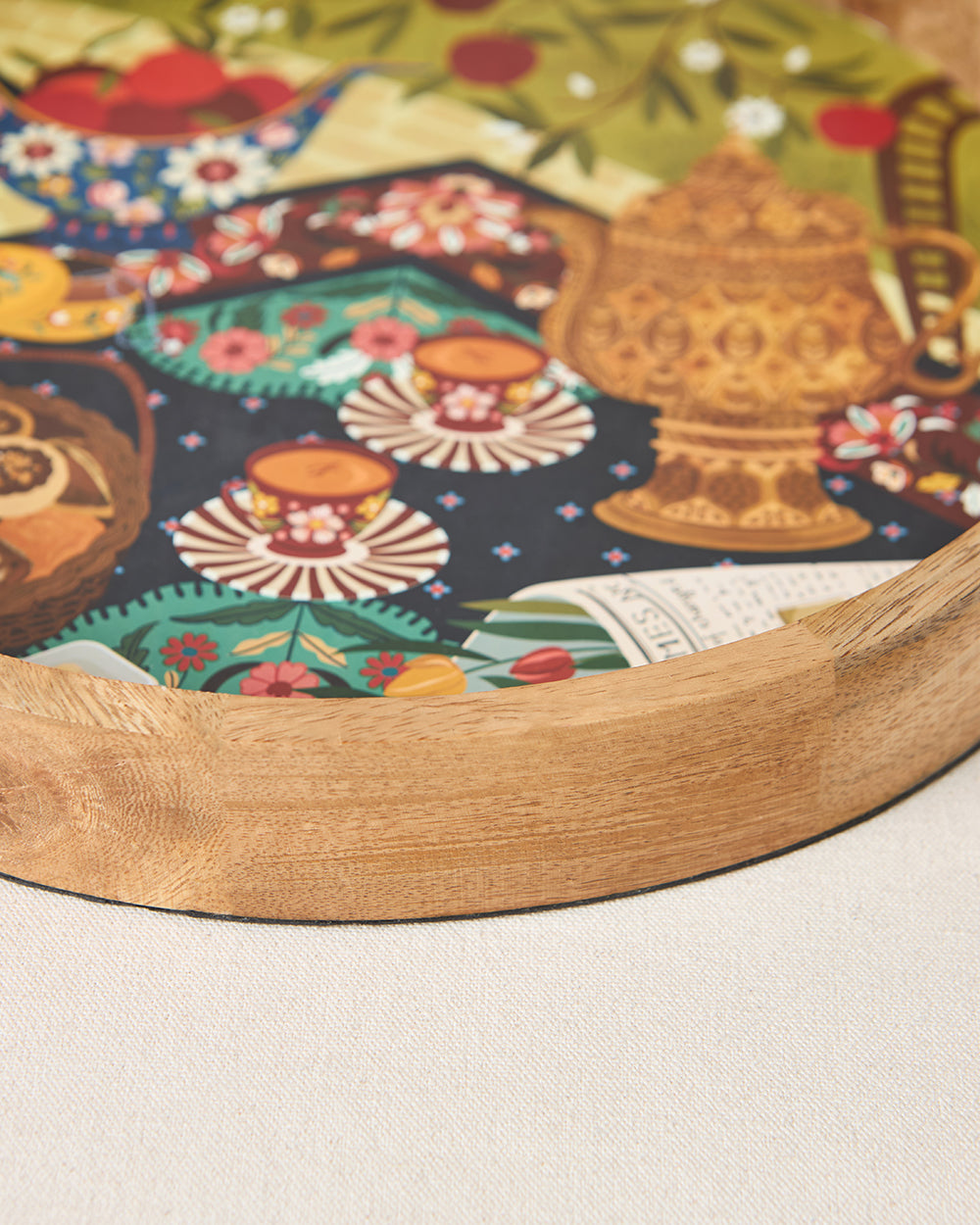 Kahwah Hour Wooden Serving Tray, 12" dia | Kashmir Trails