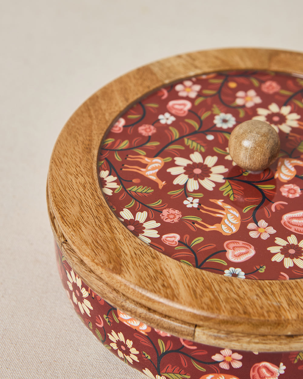 Apple Orchards Wooden Roti Box, 8" dia | Kashmir Trails