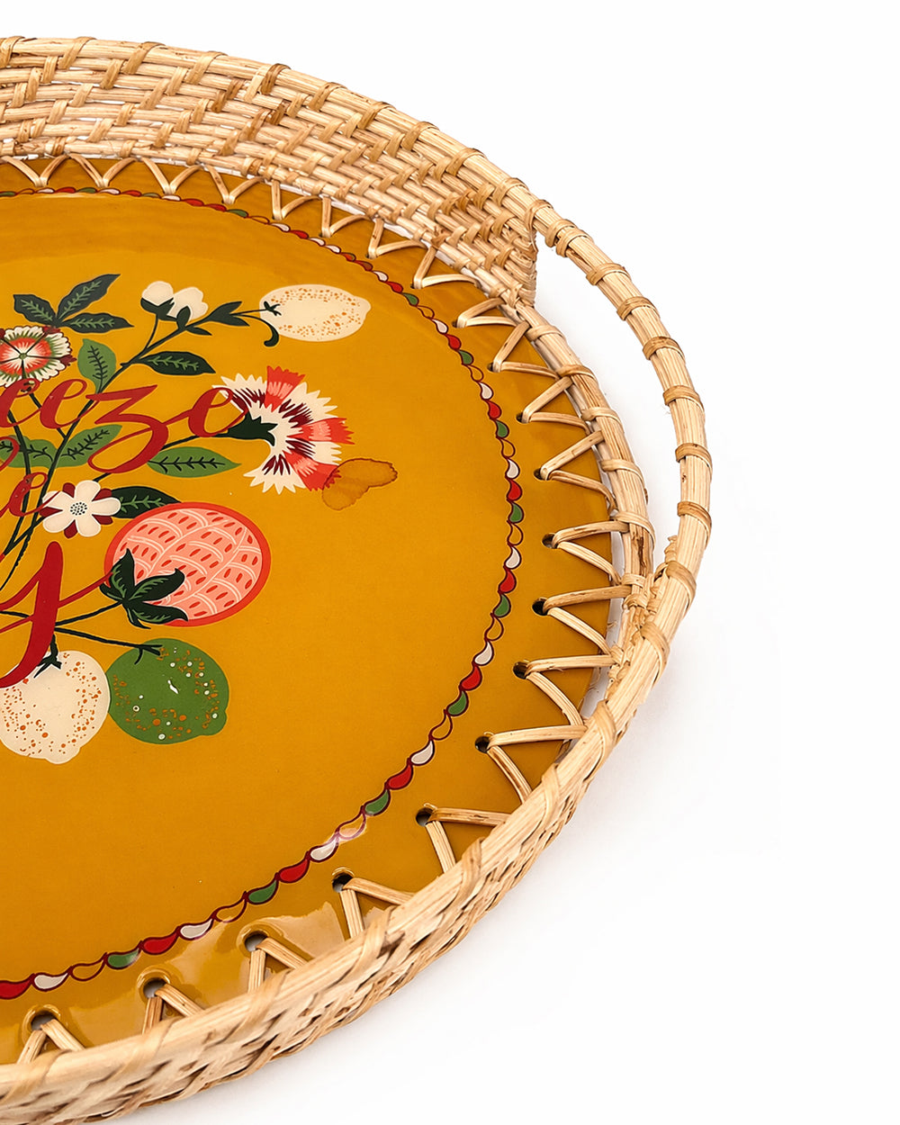 Squeeze the Day Rattan Carry Tray ( Round) | Citrus Zest
