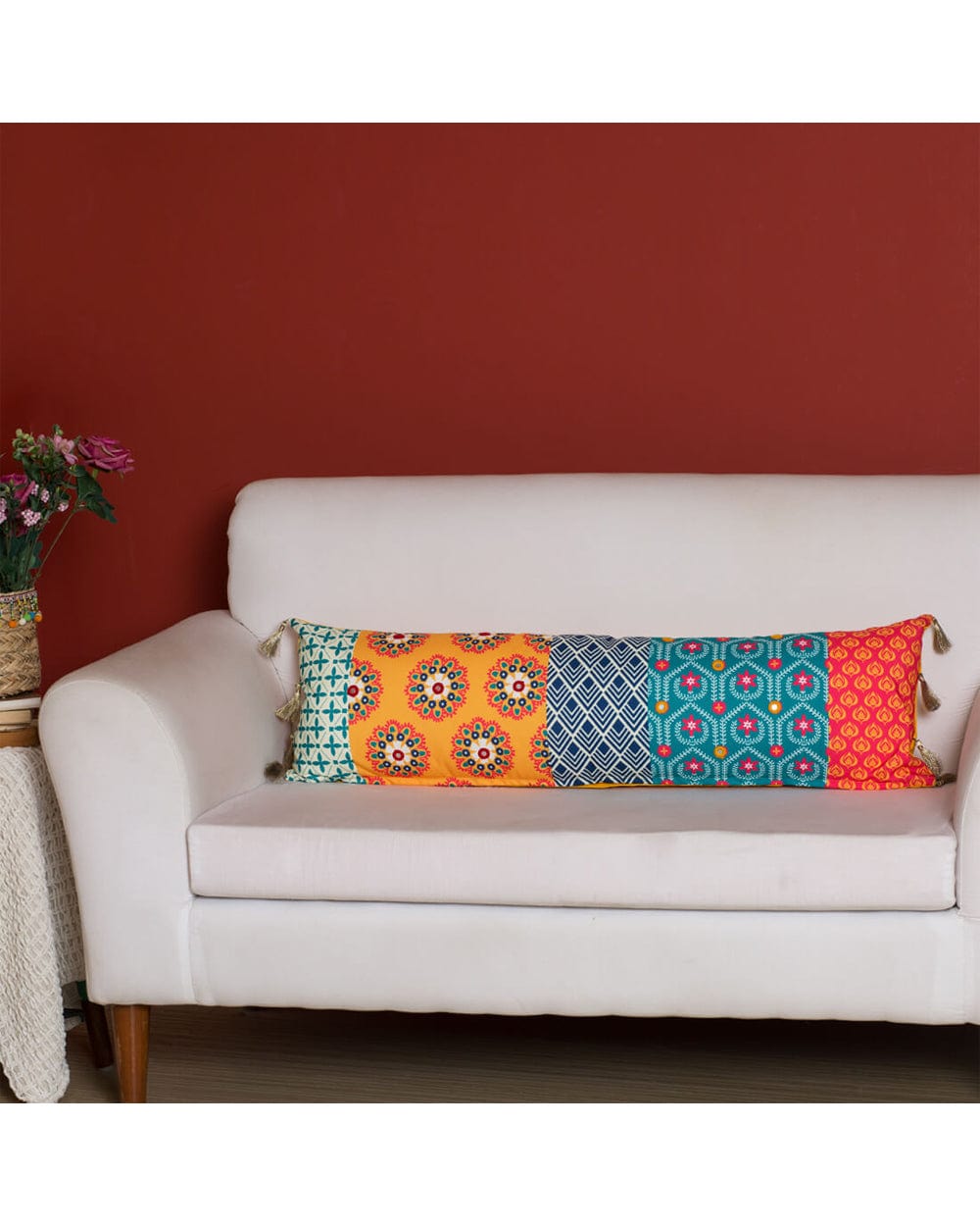 Chumbak Ornate Patchwork Lumbar Pillow Cover - Yellow