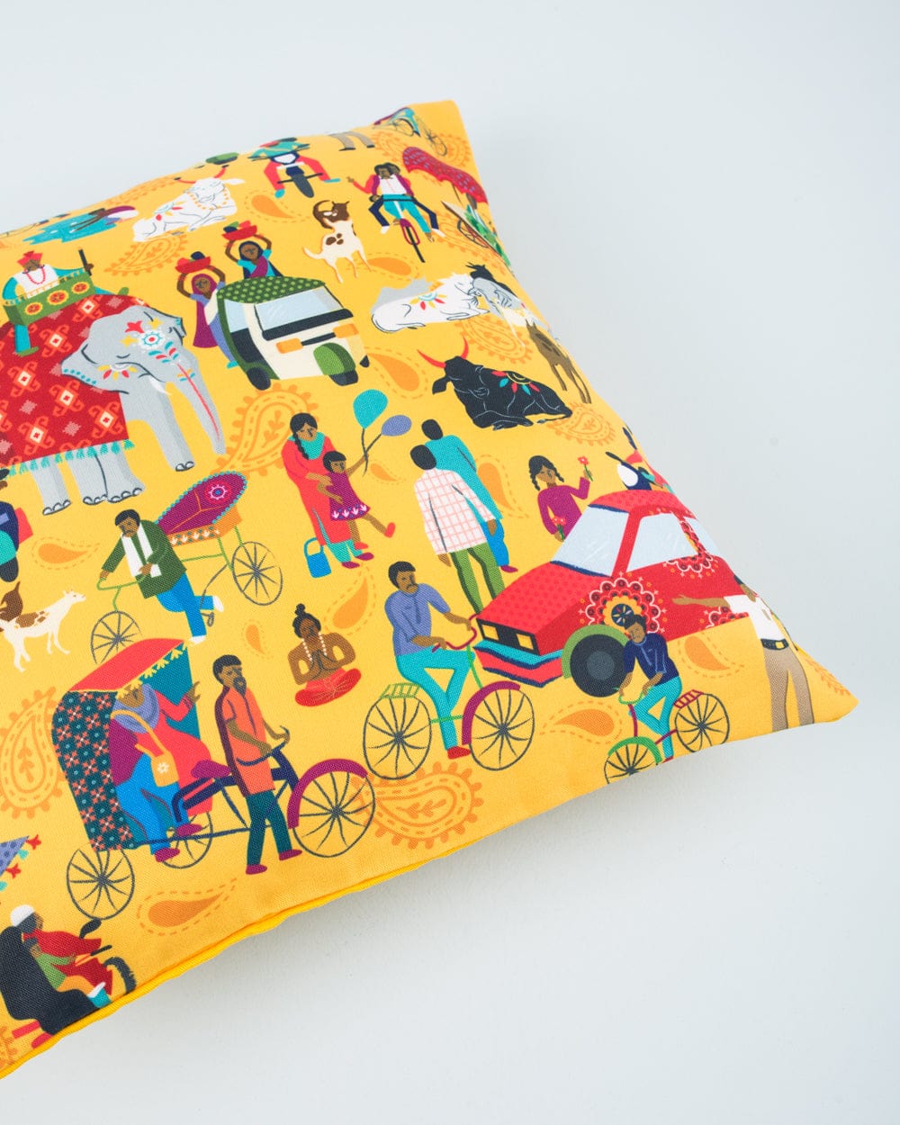 Chumbak Indian Traffic 16” Cushion Cover- Yellow