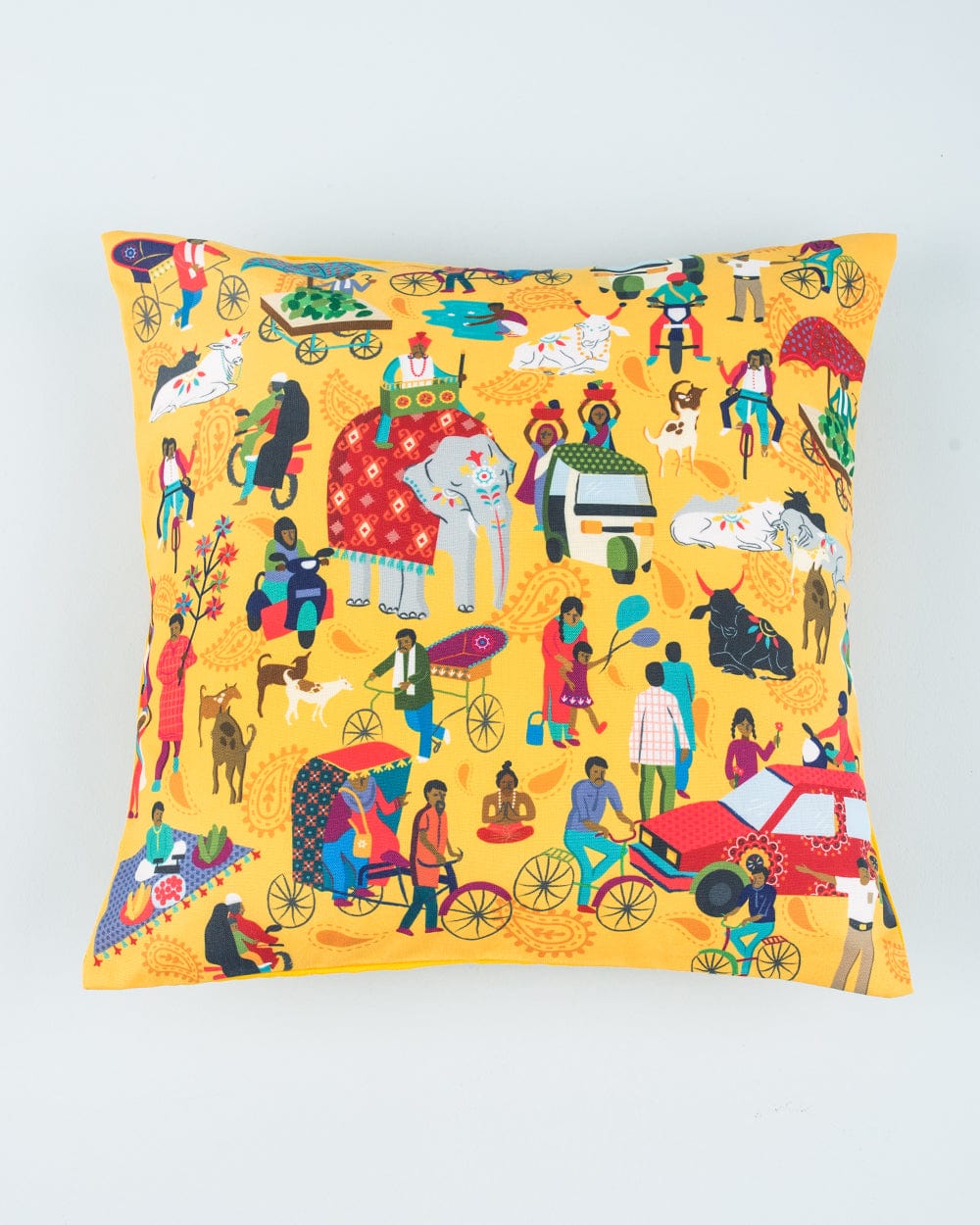 Chumbak Indian Traffic 16” Cushion Cover- Yellow