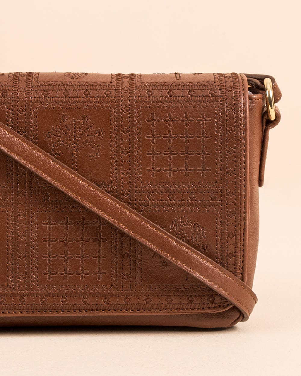 Chumbak Vintage Embroidered Crossbody Bag ' Tan Brown