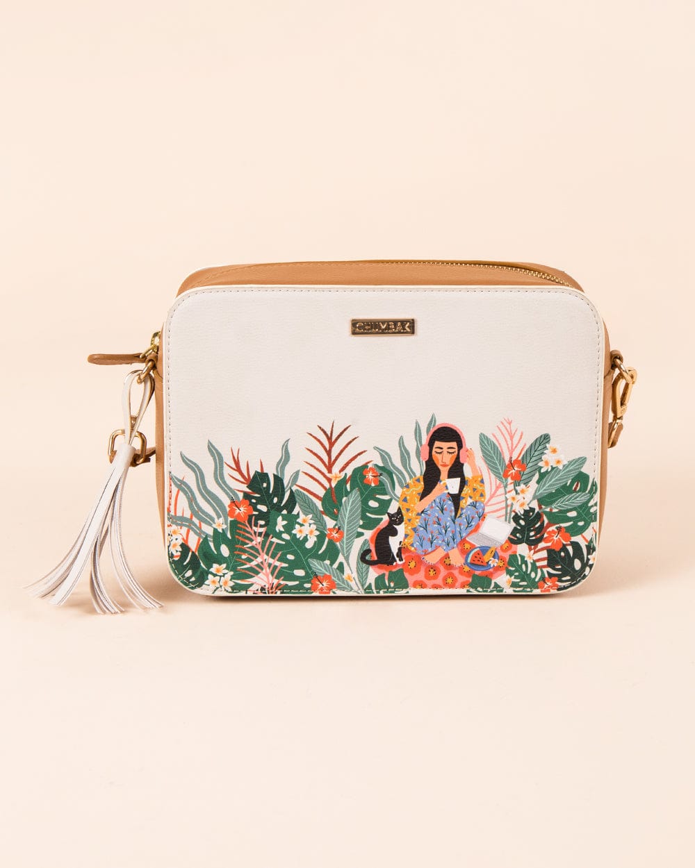 Chumbak Relaxed Afternoon Printed Sling Bag - Ivory