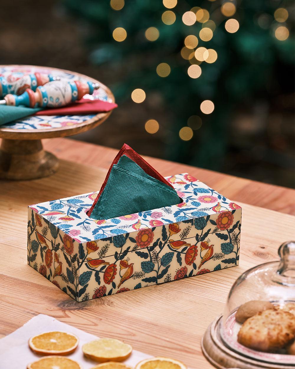 Chumbak Country Wooden Tissue Box  -  Floral,  9” x 5” x 3”