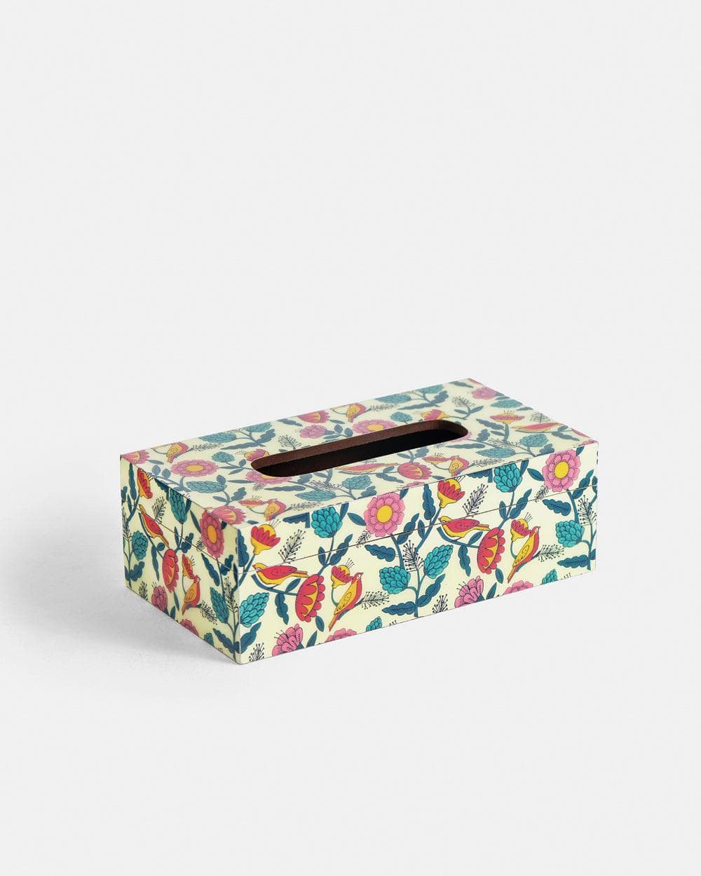 Chumbak Country Wooden Tissue Box  -  Floral,  9” x 5” x 3”