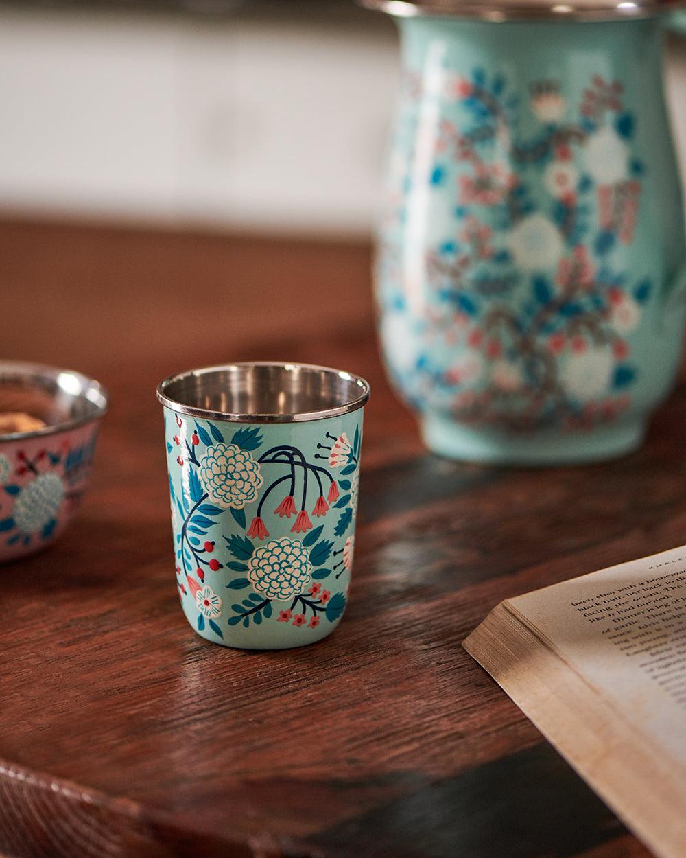 Chumbak Blue Floral Steel Tumbler Small