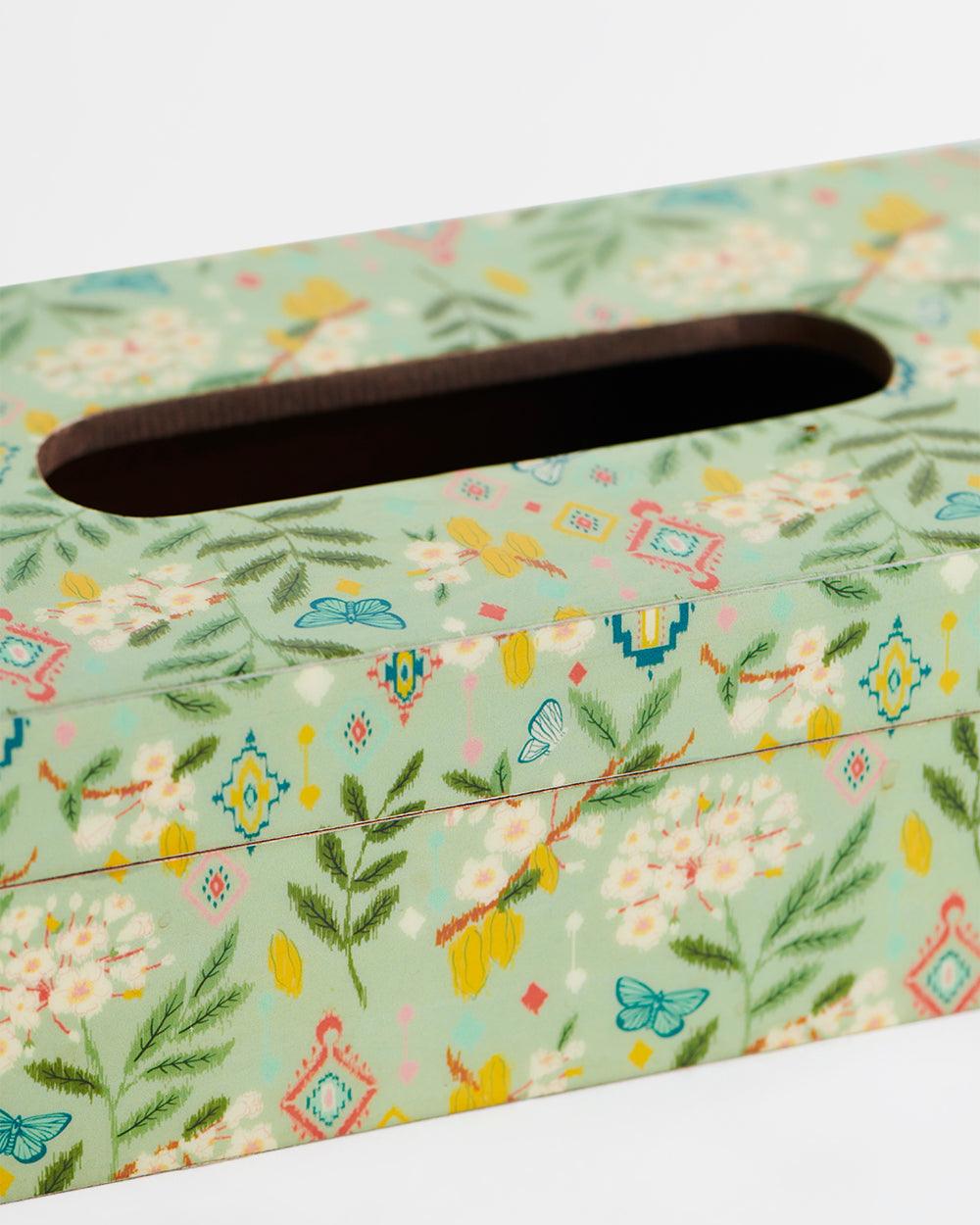 Chumbak Country Wooden tissue box  -Farm Garden, Green,  9” x 5” x 3”