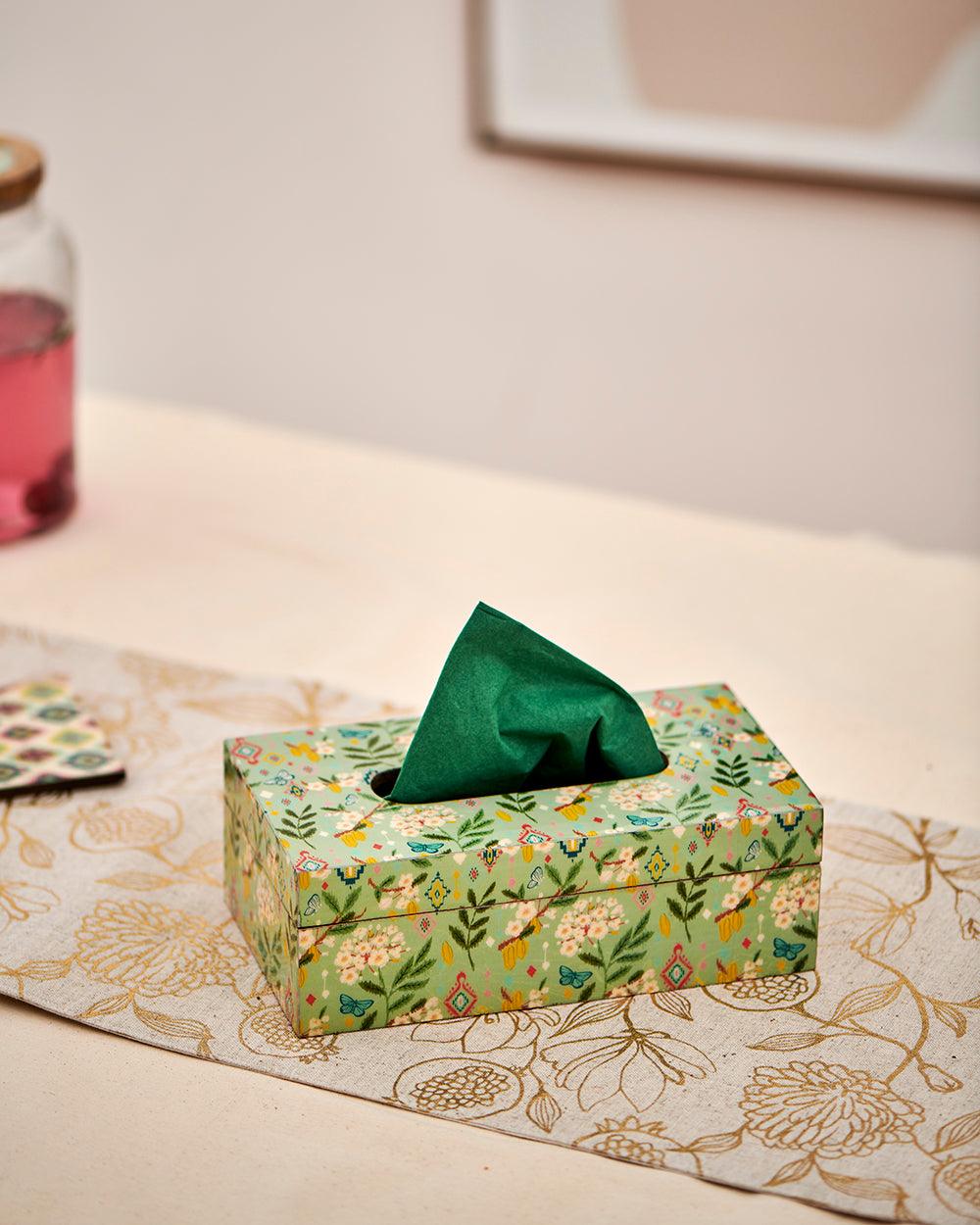 Chumbak Country Wooden tissue box  -Farm Garden, Green,  9” x 5” x 3”