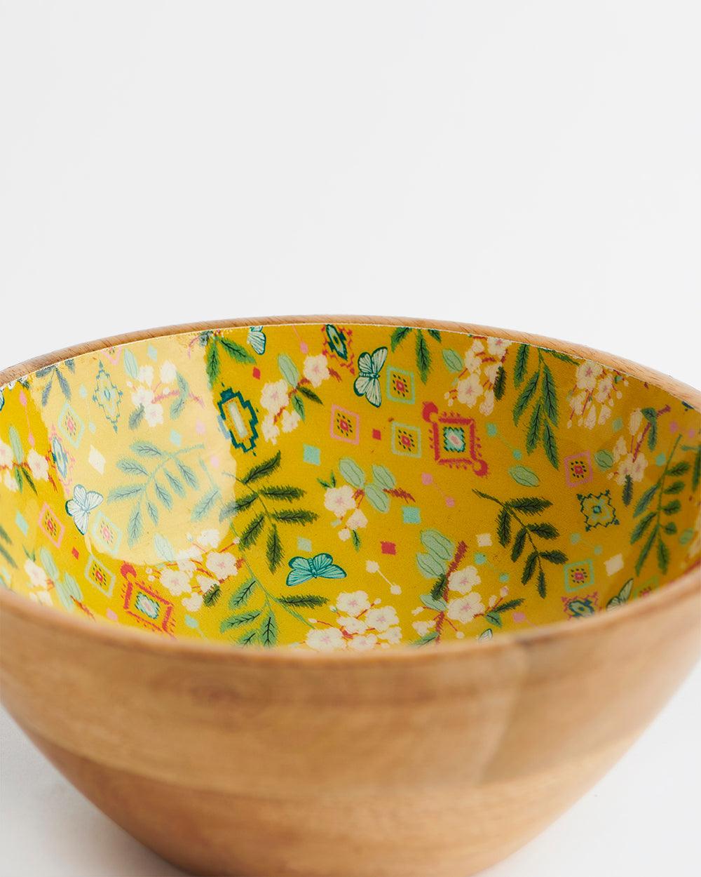 Chumbak Country wooden large Bowl -Farm Garden, Yellow, 8”x 8” x 3.5”