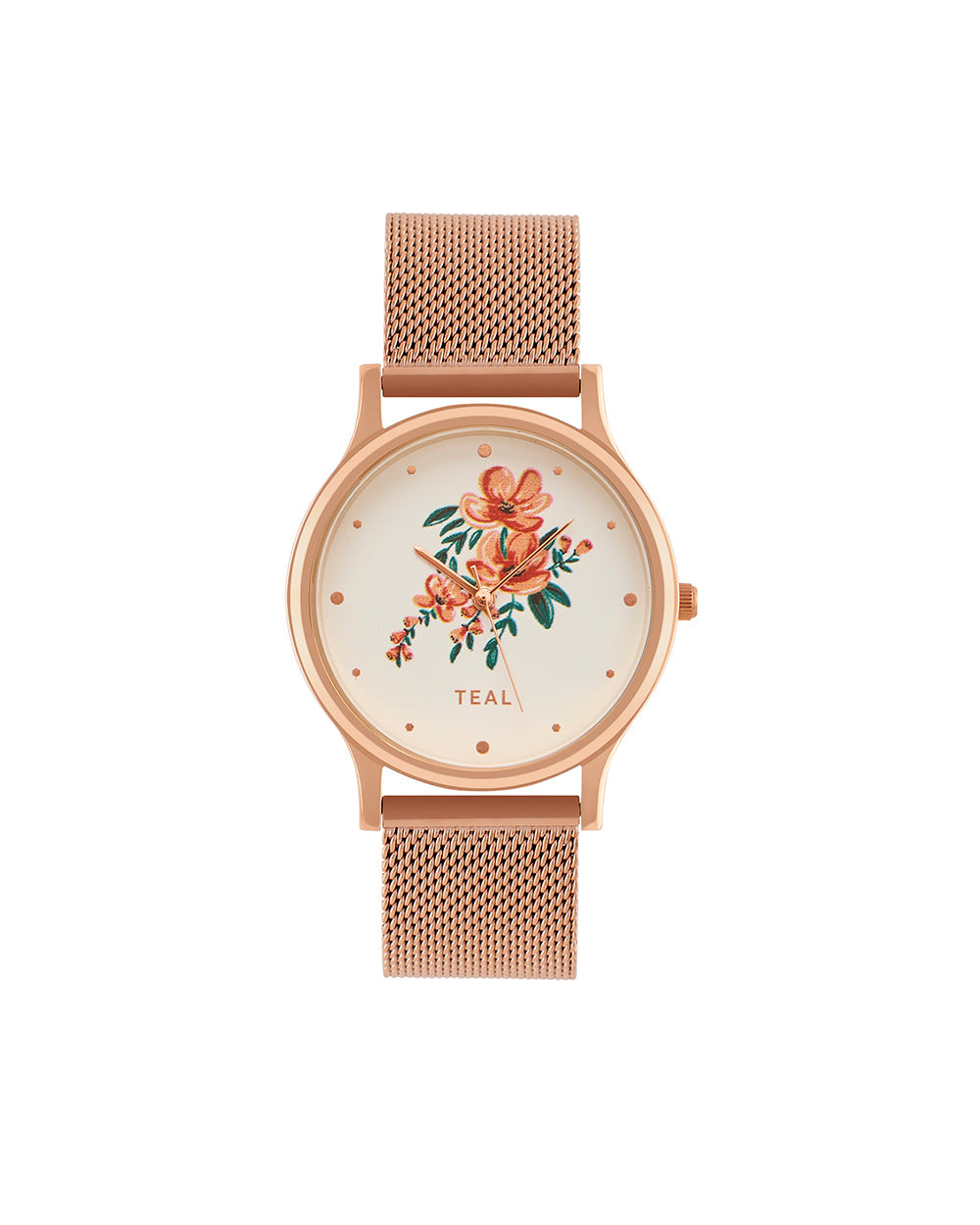 TEAL by Chumbak Jungle Flowers Watch, Metal Mesh Strap