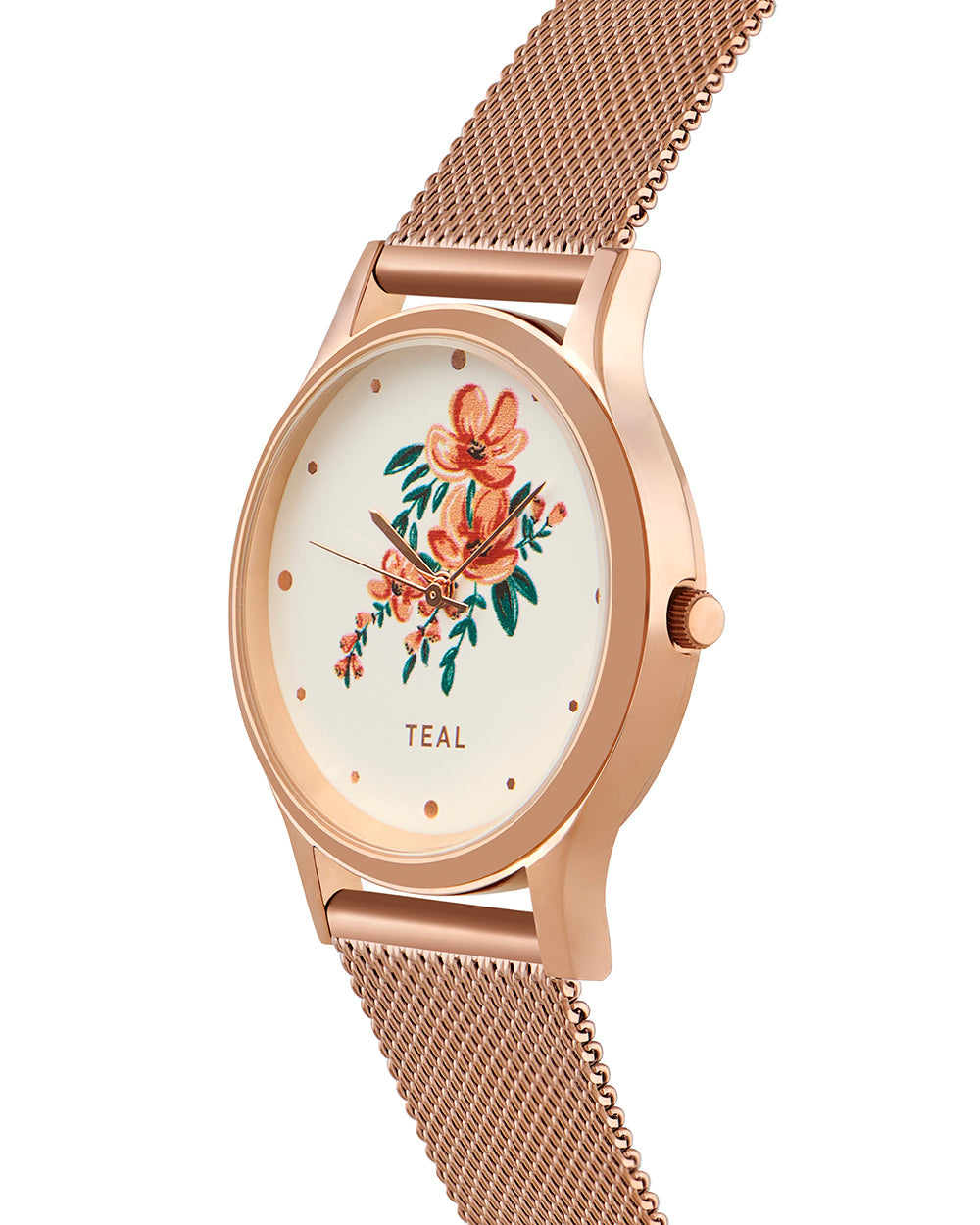 TEAL by Chumbak Jungle Flowers Watch, Metal Mesh Strap