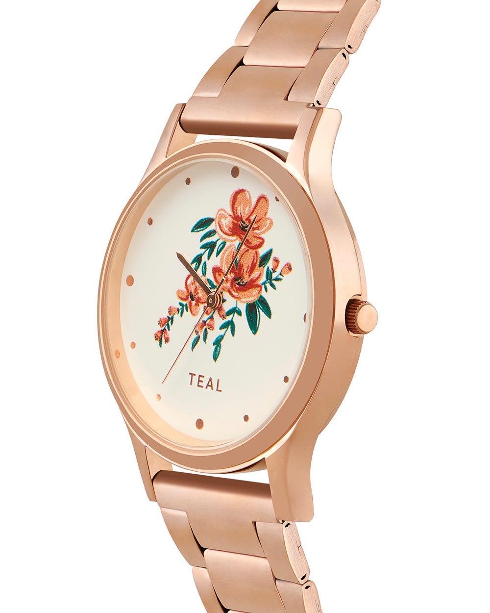 TEAL by Chumbak Jungle Flowers Watch, Metal link Strap