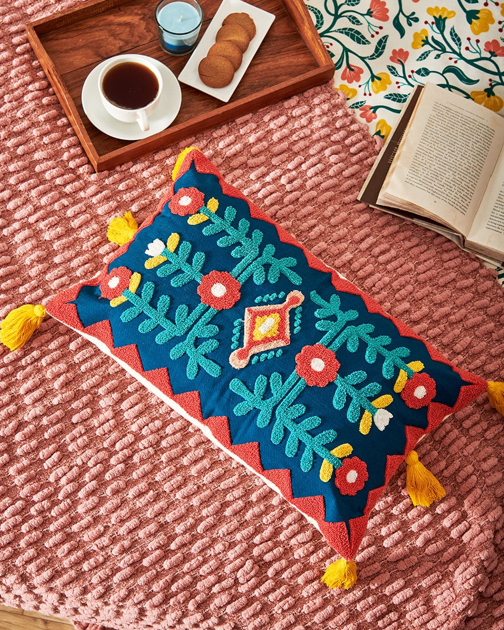 Chumbak Moroccan Mirror work Cushion with Tassele – 30X50 CM