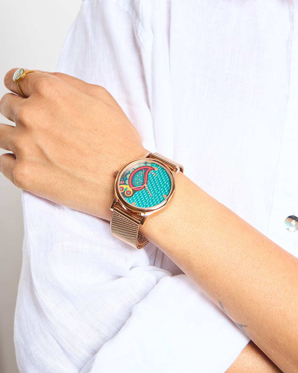 Teal by Chumbak Folk Owl Watch,Stainless Steel Mesh Strap