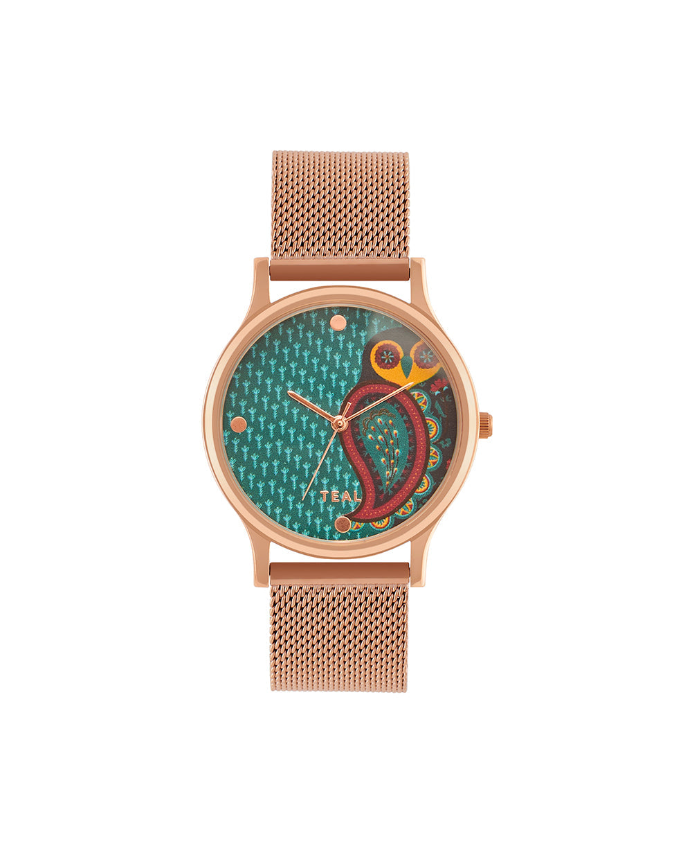 Teal by Chumbak Folk Owl Watch,Stainless Steel Mesh Strap