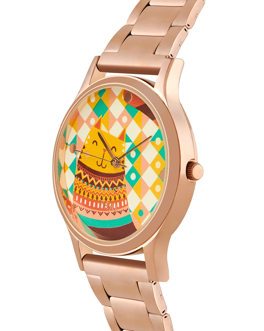 Teal by Chumbak Carnival Cat Watch,Stainless Steel Link Strap