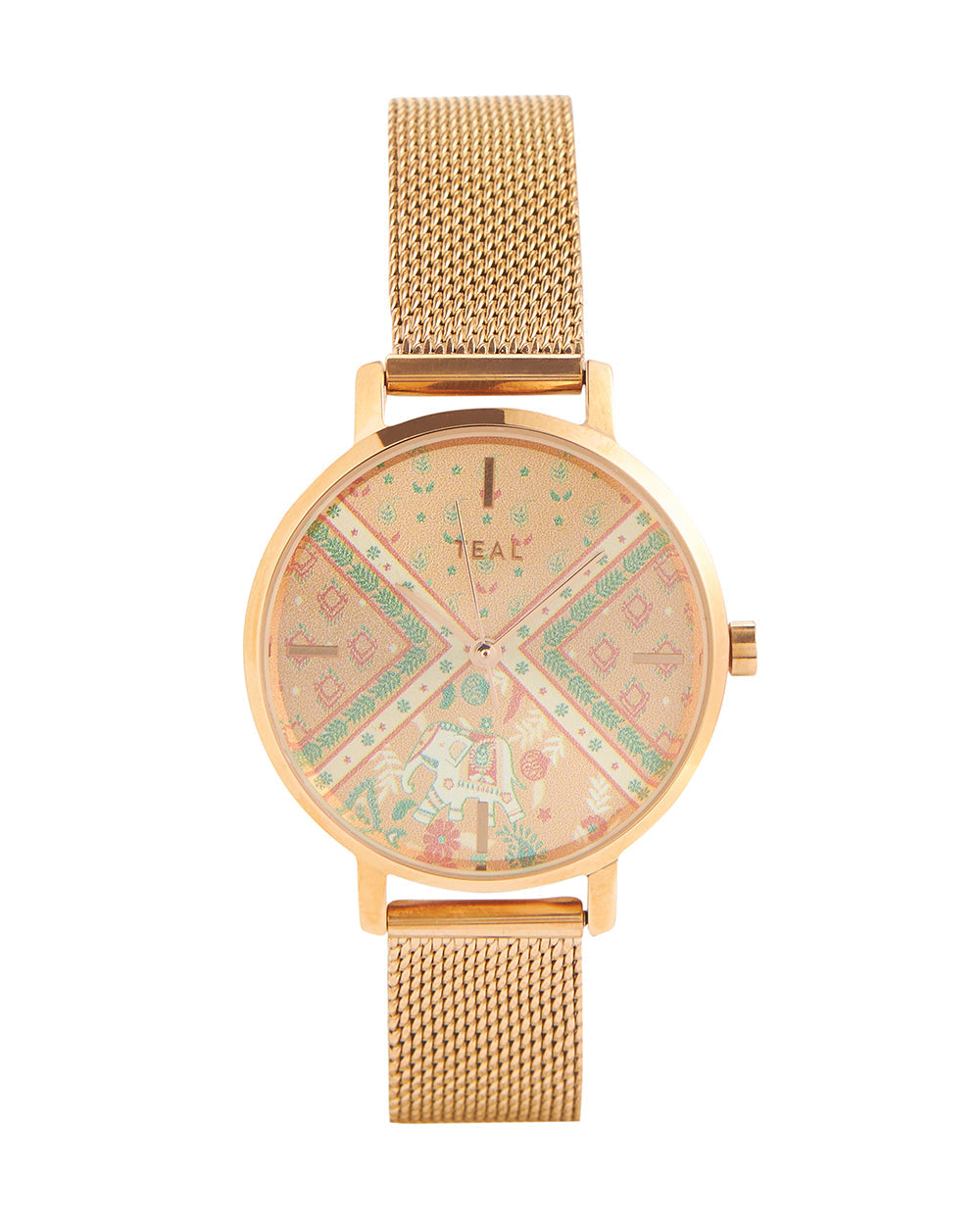 Teal by Chumbak Pink Paisleys Watch | Metal Mesh Strap - Rose Gold