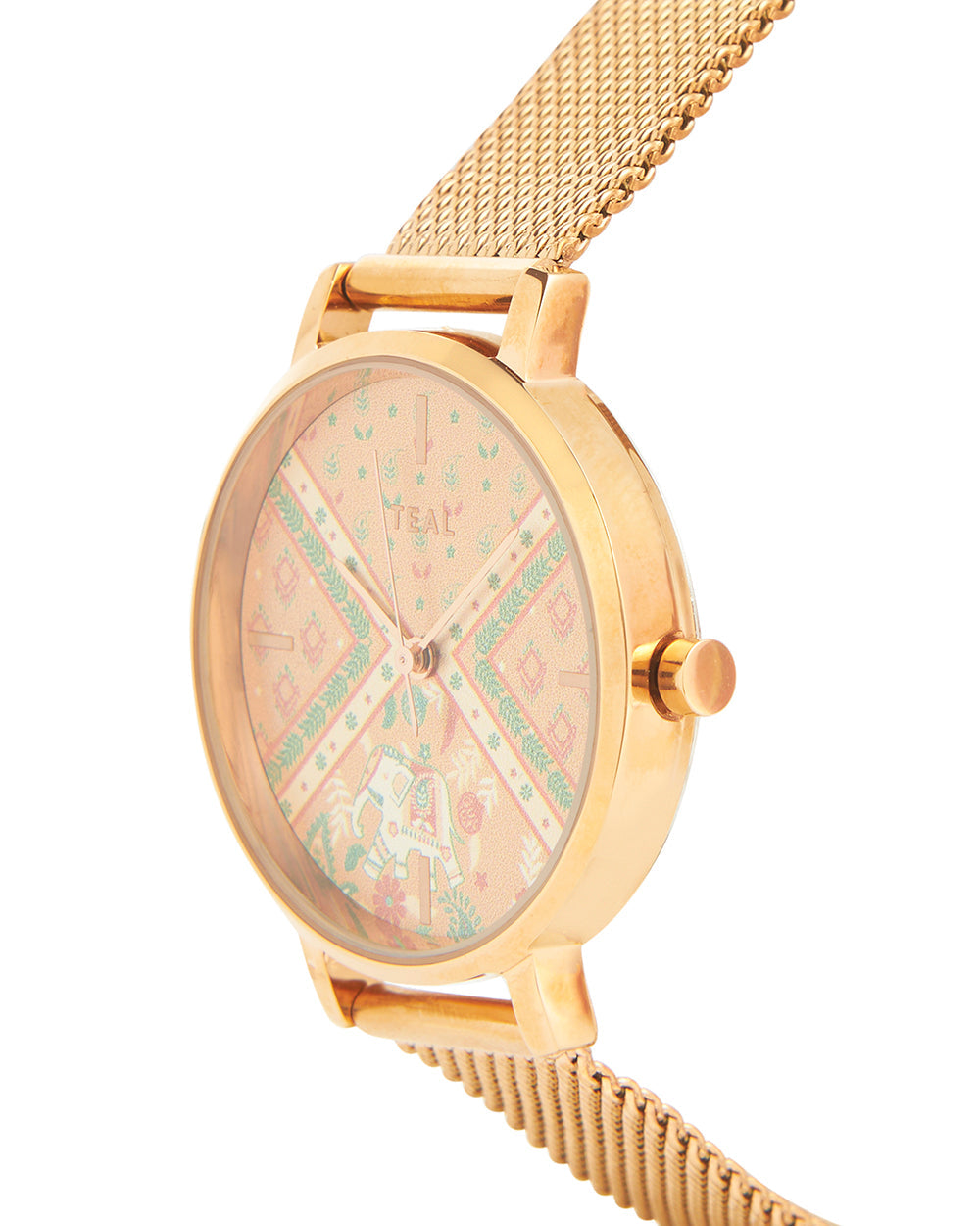 Teal by Chumbak Pink Paisleys Watch | Metal Mesh Strap - Rose Gold