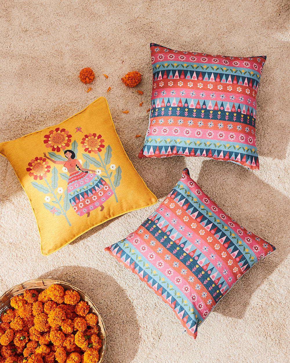 Marigold Lady Cushion Cover Set  16" - Set of 3