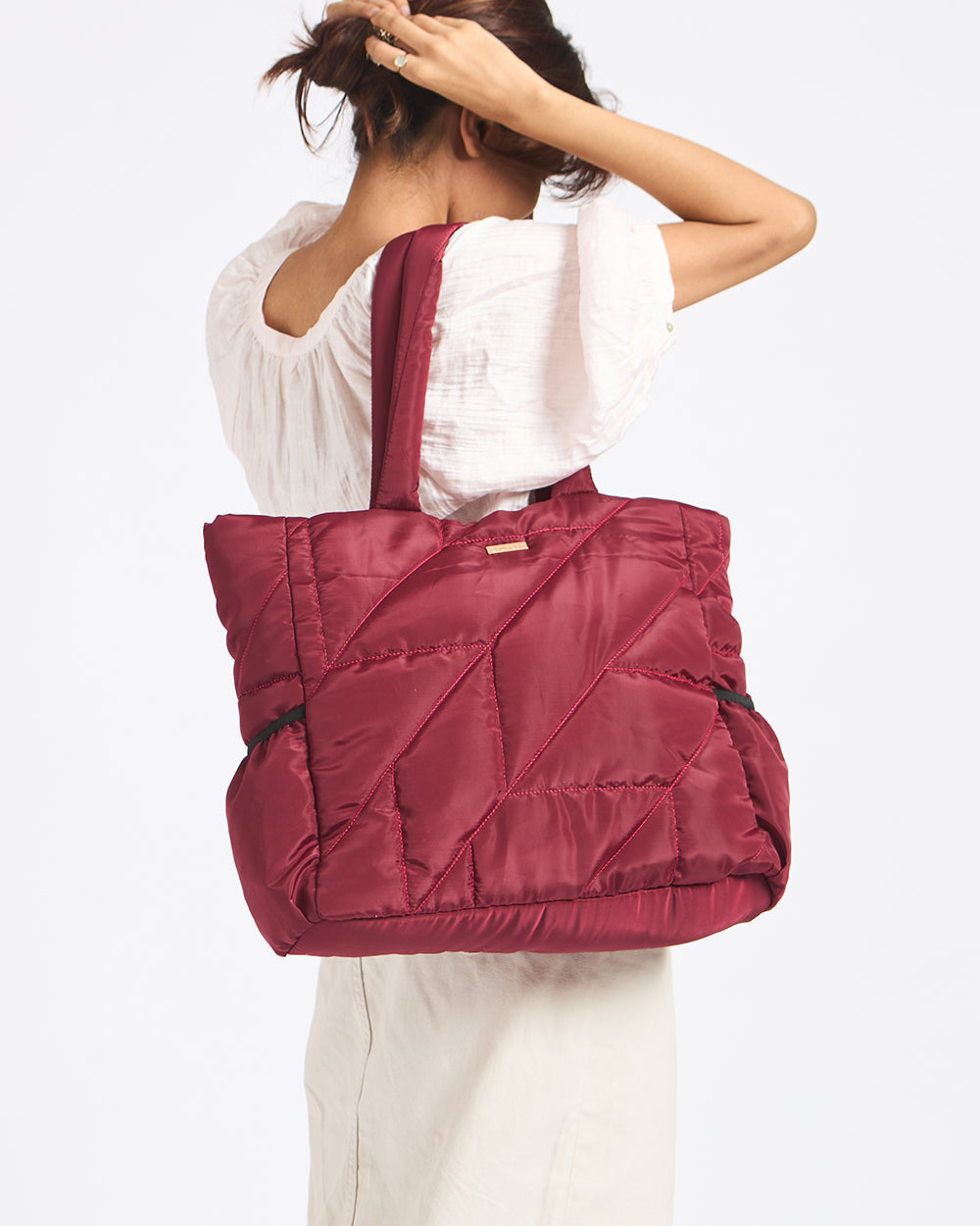 Quilted Puffer Tote - Maroon