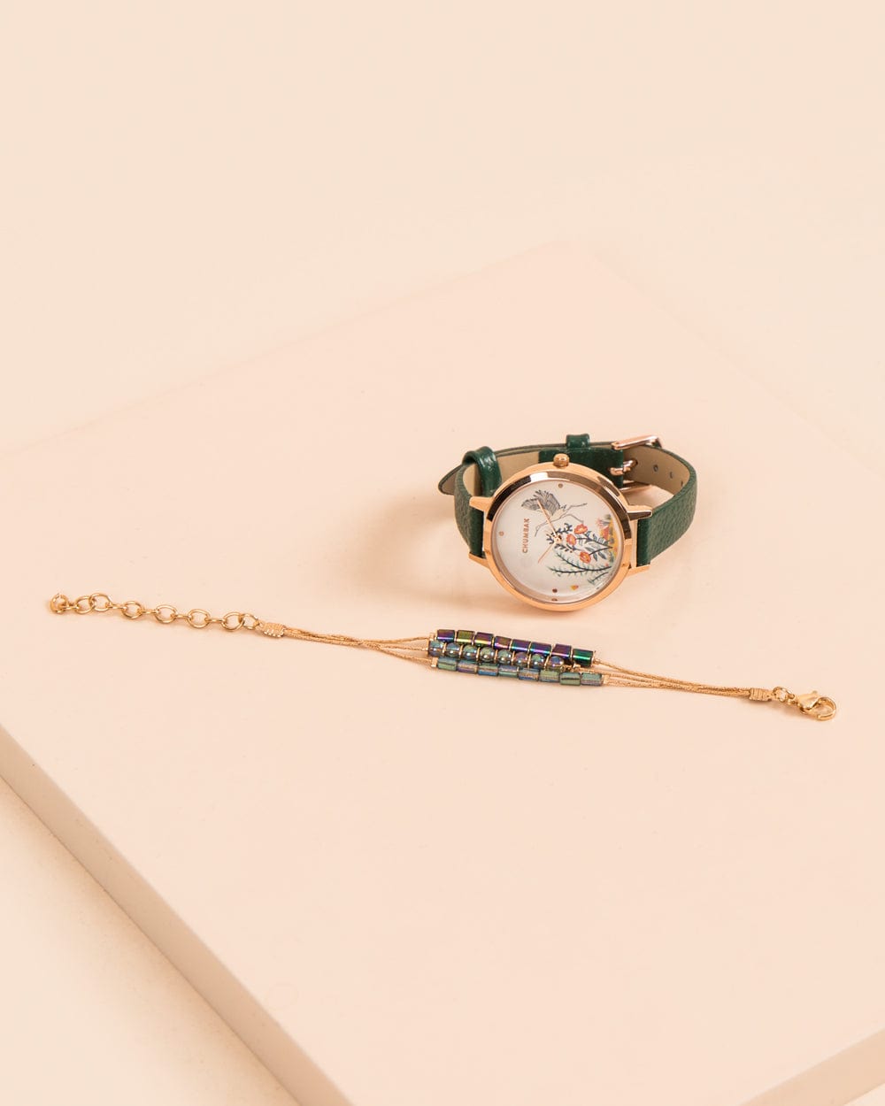 Chumbak Mother of Pearl Tropical Beads Watch & Bracelet Set ' Olive Green