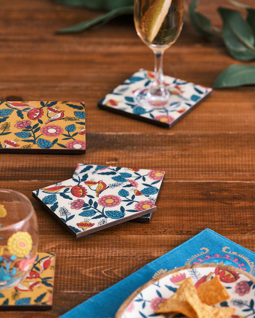 Chumbak Country Wooden Coasters - Set of 6,  4” x 4”